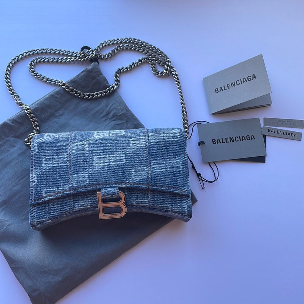 Balenciaga hourglass in denim wallet on chain